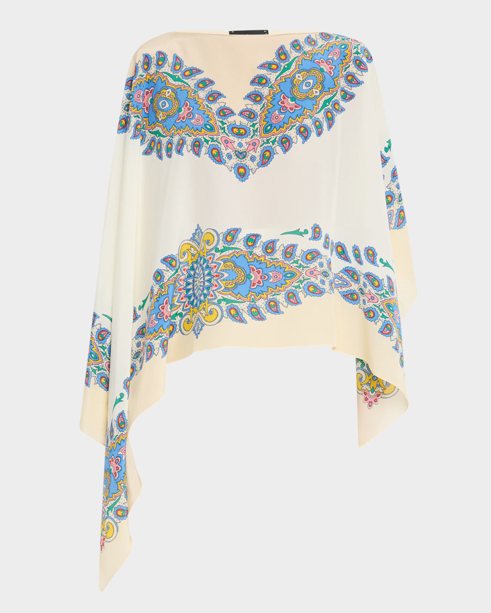 Paisley-Print Silk Asymmetric Poncho